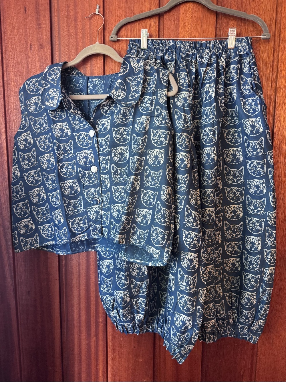 Women's Navy Blue Cat Print Shirt & Shorts Set